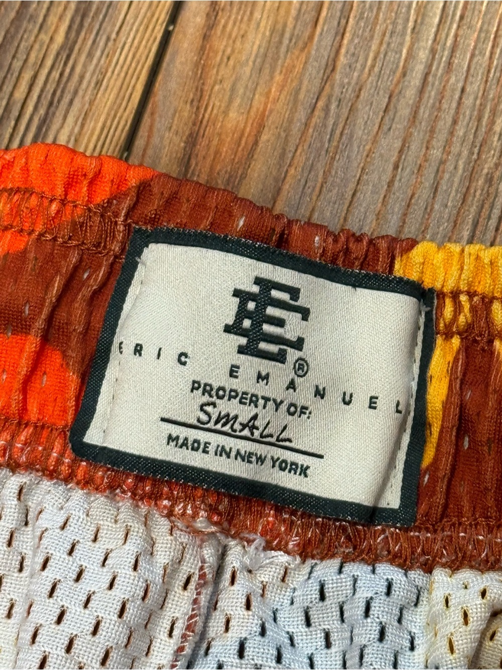 Preowned Eric Emanuel Orange and Yellow Camo Athletic Shorts Size Small - Picture 3 of 4